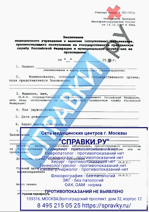 Медицинская справка 001 ГСУ с психиатром и наркологом - Справки.ру